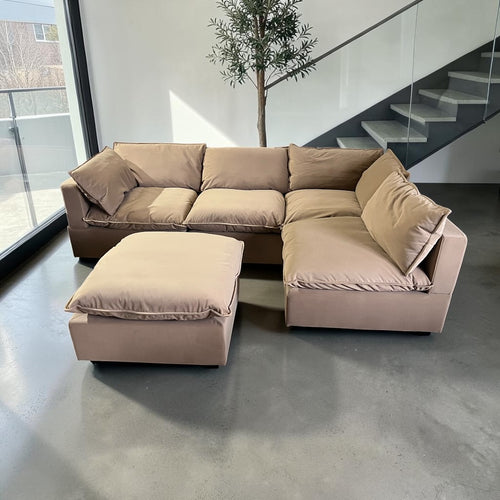 Albany Park Kova 122” 5 Piece Pillow Cushion Modular 5 Piece L-Shape Sofa Chaise + Ottoman Camel Tan Performance Velvet
