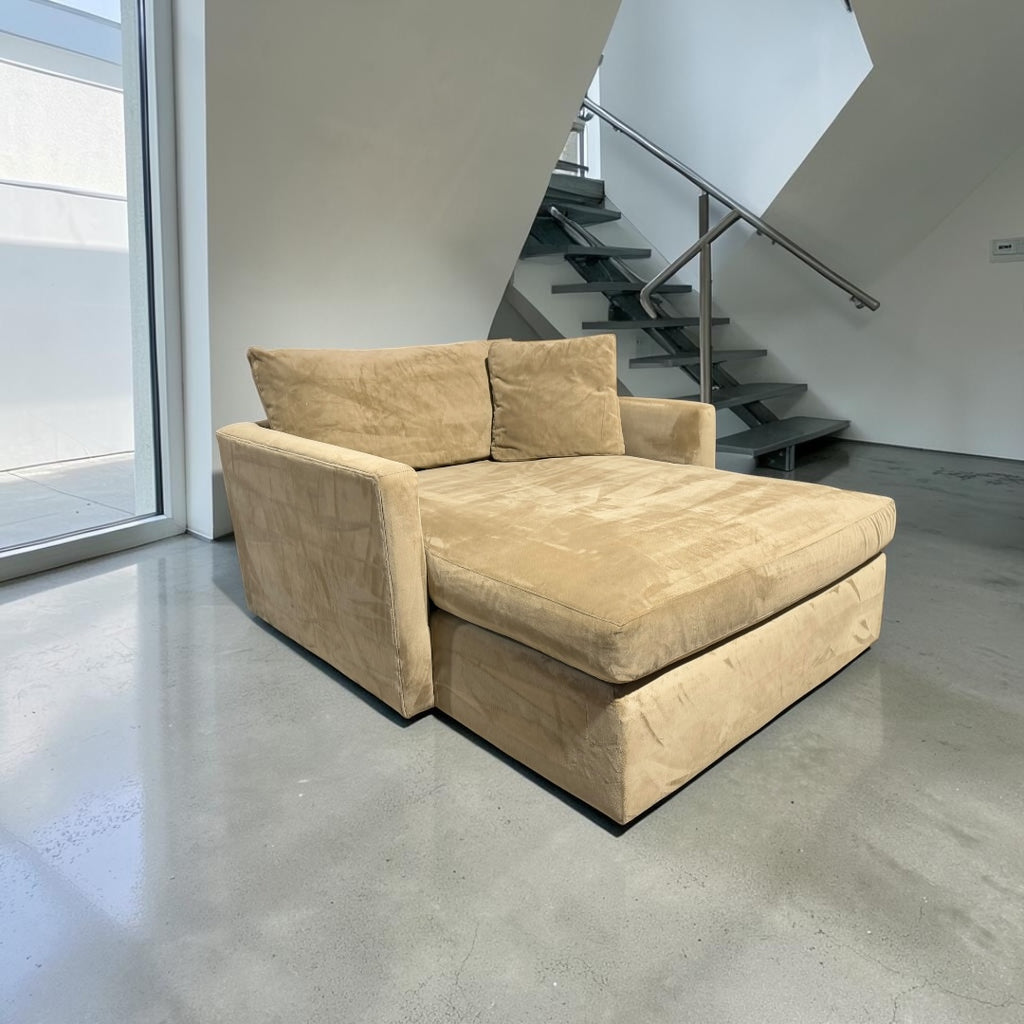 Crate & Barrel Lounge Deep Chaise Lounge, Down Blend in Camel Covet, Velvet