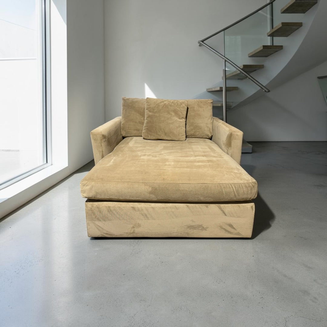 Crate & Barrel Lounge Deep Chaise Lounge, Down Blend in Camel Covet, Velvet