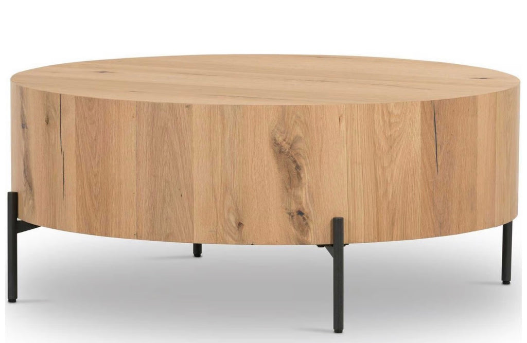 Four Hands Eaton Round Coffee Table in Light Oak Resin and Dark Gunmetal