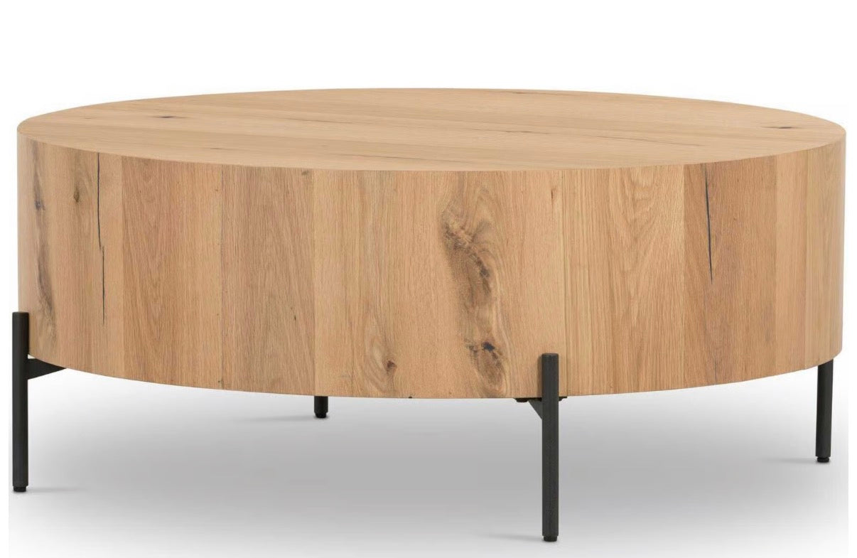 Four Hands Eaton Round Coffee Table in Light Oak Resin and Dark Gunmetal