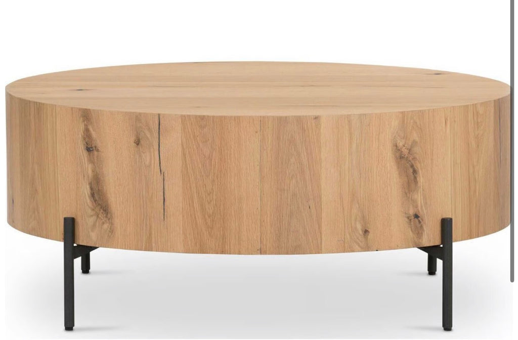 Four Hands Eaton Round Coffee Table in Light Oak Resin and Dark Gunmetal
