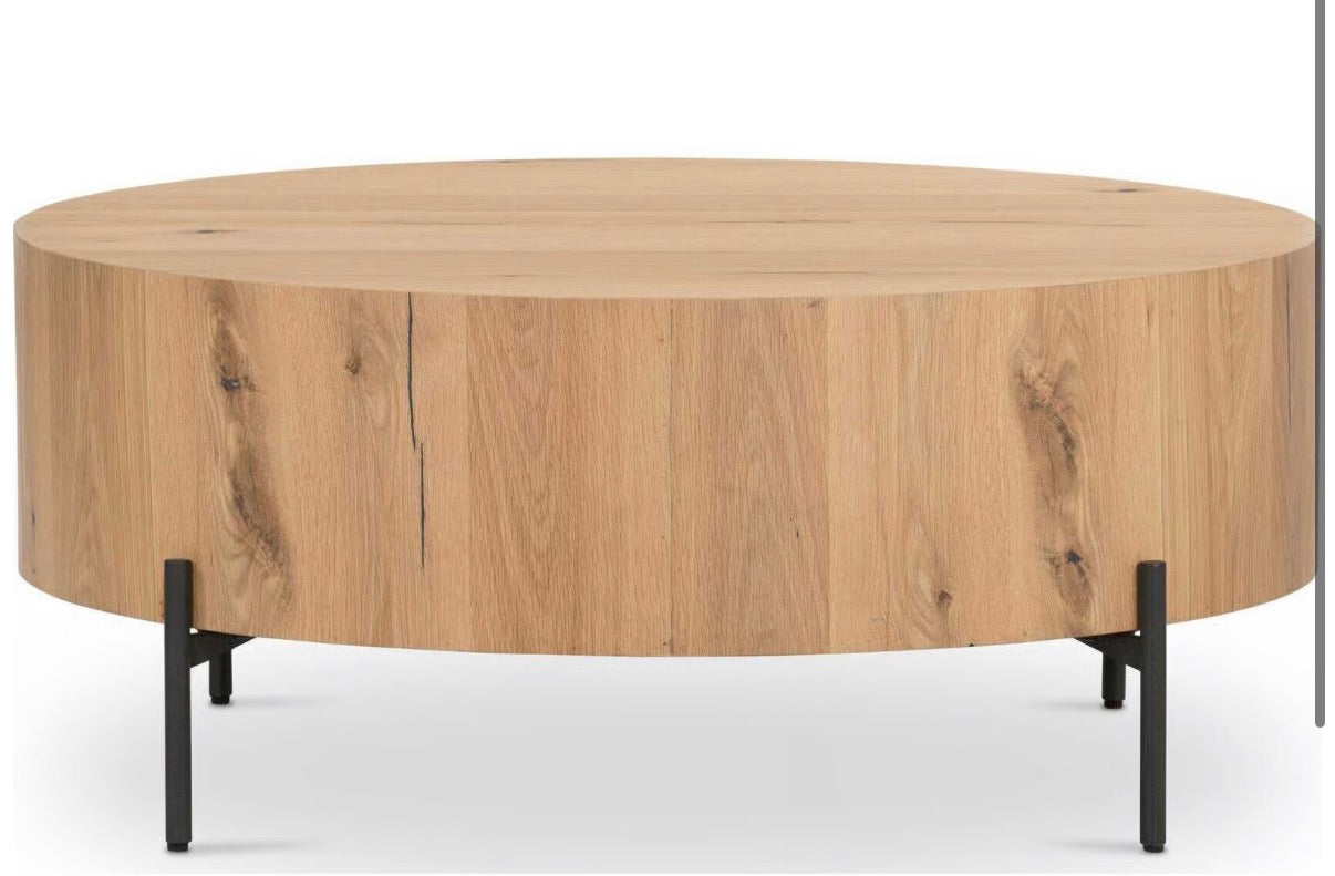 Four Hands Eaton Round Coffee Table in Light Oak Resin and Dark Gunmetal