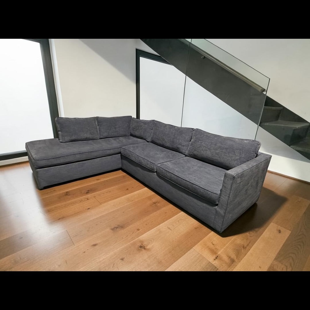 West Elm Harris 116” 2-Piece L Shape Bumper Chaise Sectional Sofa, Down Blend in Performance Basket Slub Pewter Gray