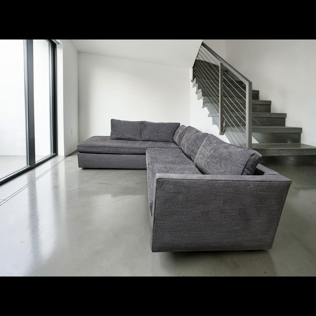 West Elm Harris 116” 2-Piece L Shape Bumper Chaise Sectional Sofa, Down Blend in Performance Basket Slub Pewter Gray