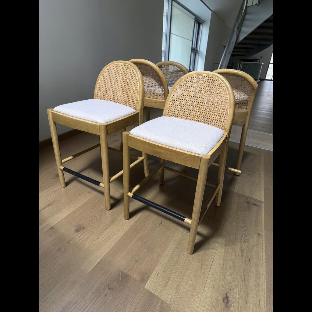 Lulu & Georgia 4 Counter Stools, White Oak w/ Rattan Back and White Linen Seats
