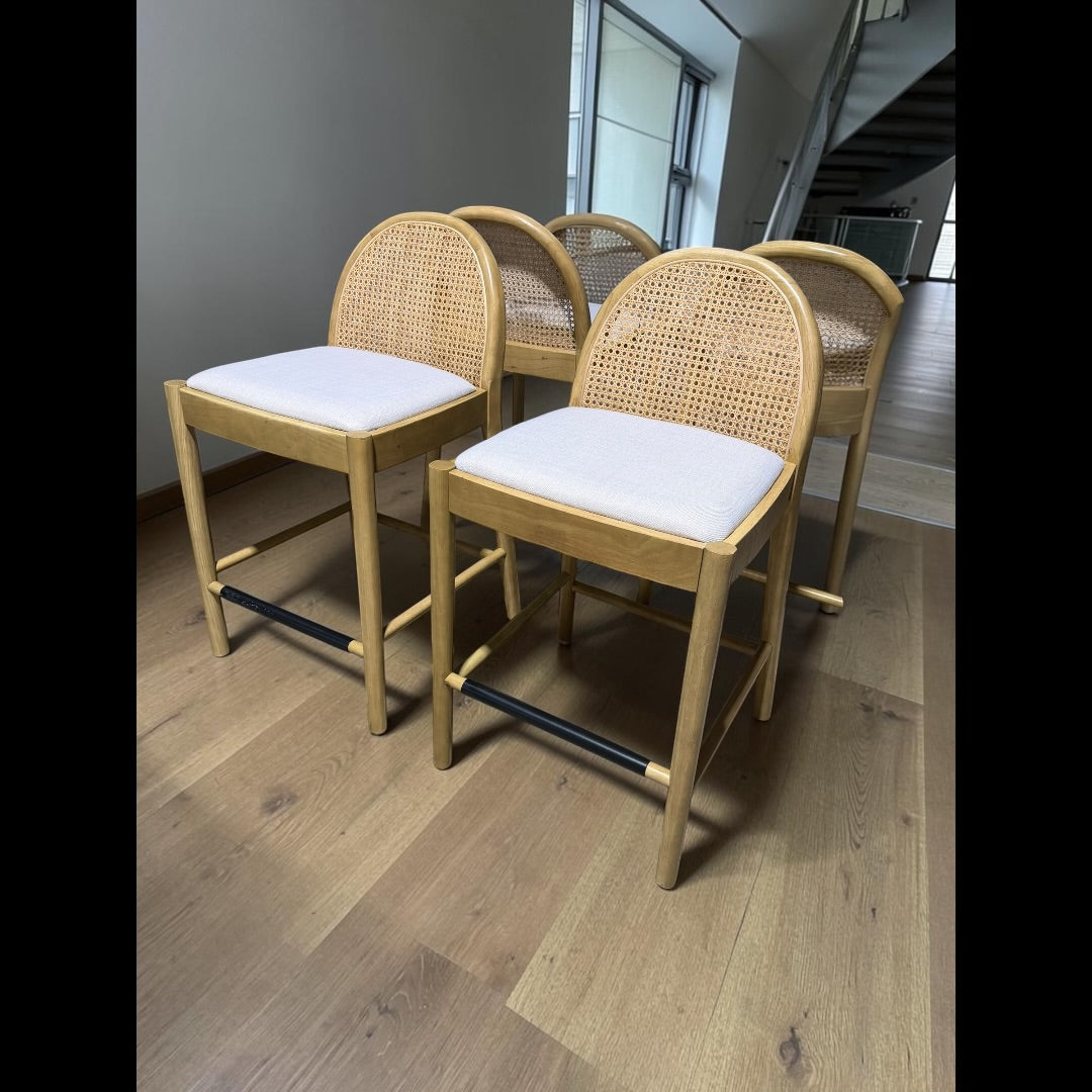 Lulu & Georgia 4 Counter Stools, White Oak w/ Rattan Back and White Linen Seats
