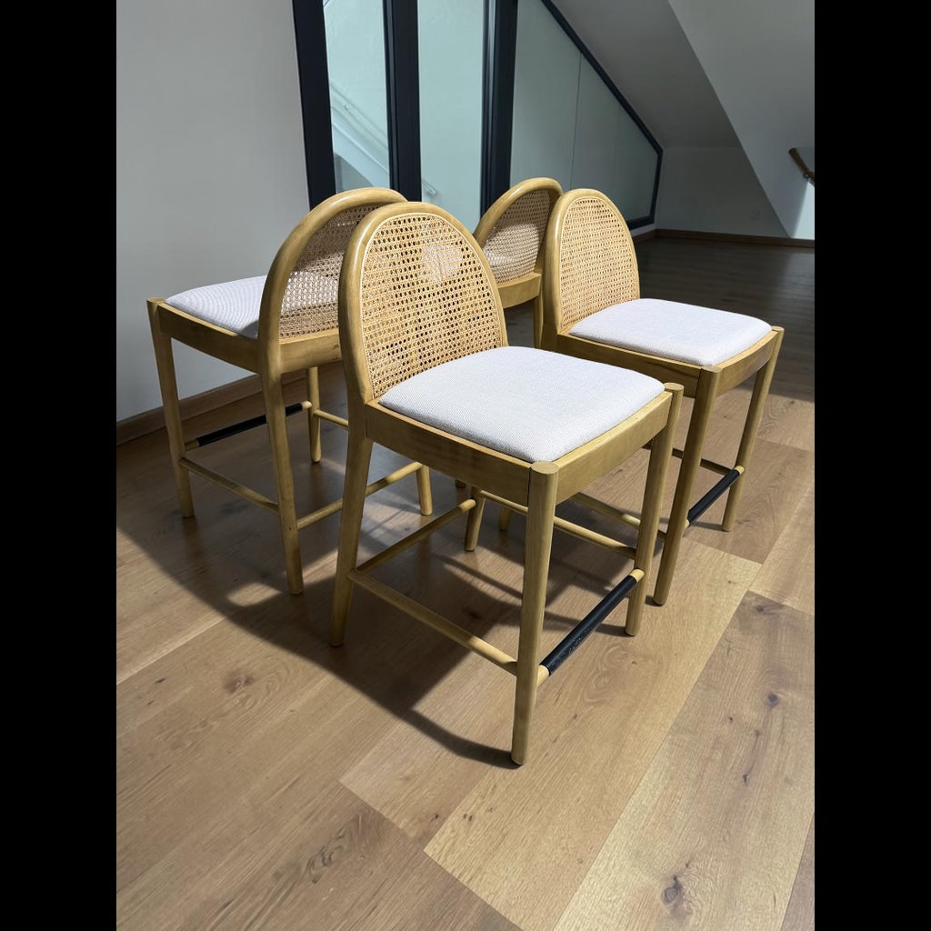Lulu & Georgia 4 Counter Stools, White Oak w/ Rattan Back and White Linen Seats