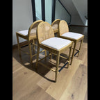Lulu & Georgia 4 Counter Stools, White Oak w/ Rattan Back and White Linen Seats