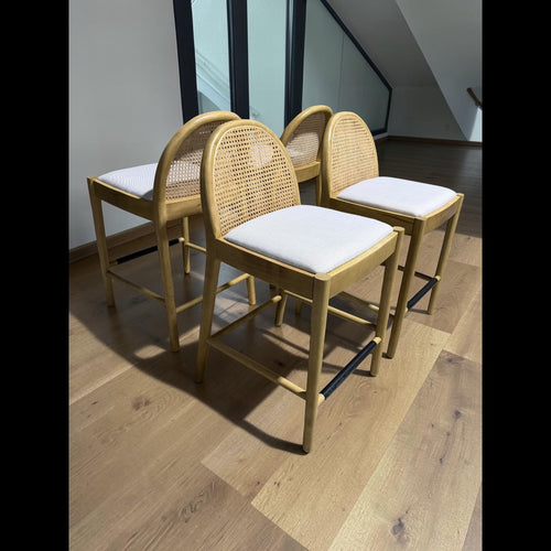 Lulu & Georgia 4 Counter Stools, White Oak w/ Rattan Back and White Linen Seats