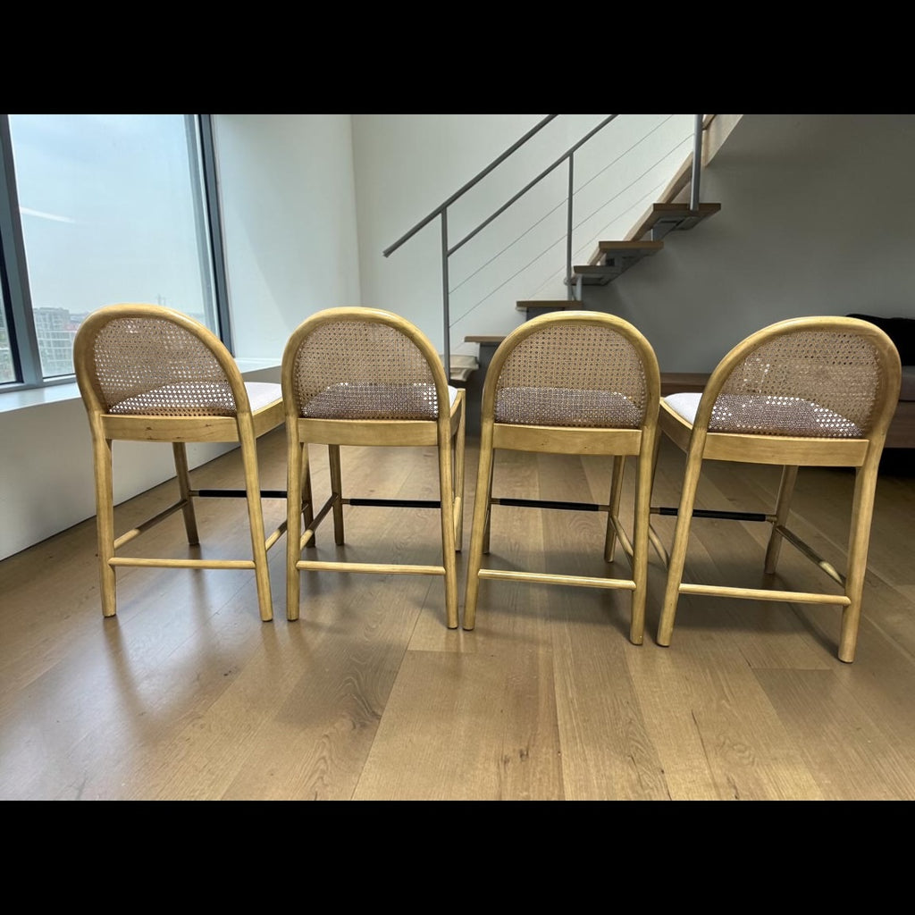Lulu & Georgia 4 Counter Stools, White Oak w/ Rattan Back and White Linen Seats