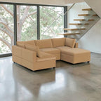 Albany Park Kova 122” 5 Piece Pillow Cushion Modular 5 Piece L-Shape Sofa Chaise + Ottoman Camel Tan Performance Velvet