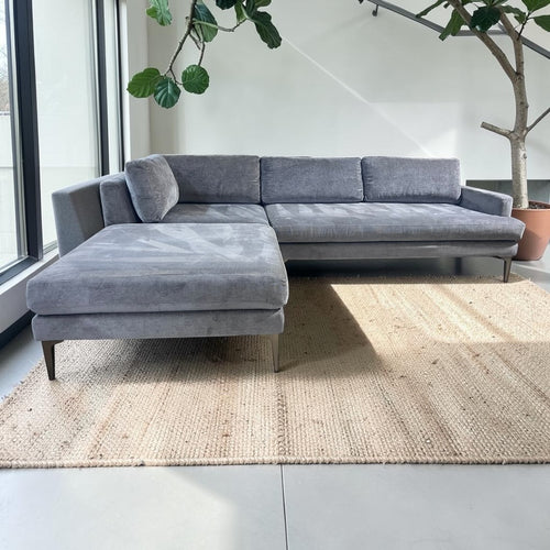 West Elm Andes  3-Piece Ottoman Sofa Chaise Sectional in Mineral Gray, Performance Distressed Velvet