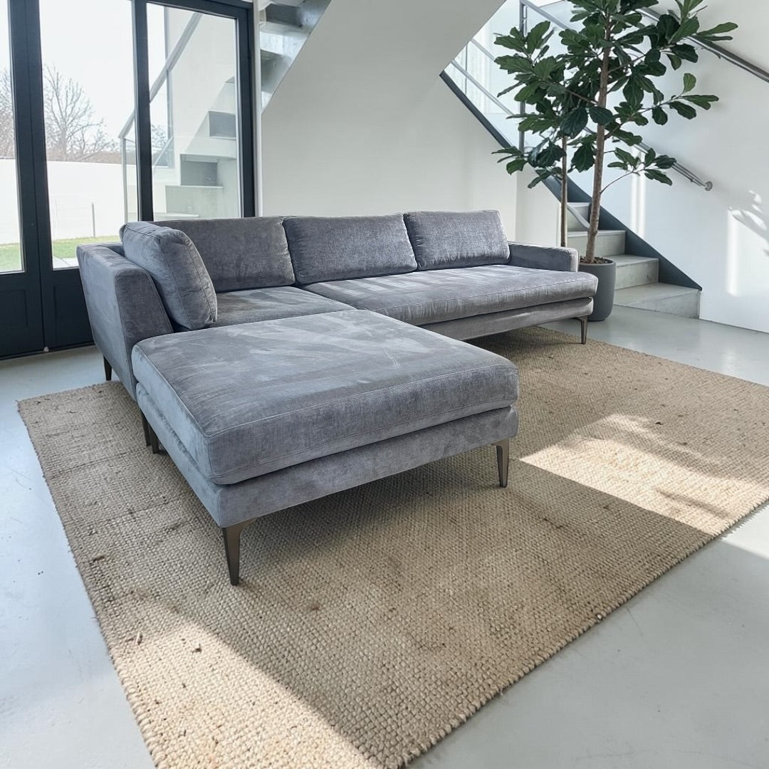 West Elm Andes  3-Piece Ottoman Sofa Chaise Sectional in Mineral Gray, Performance Distressed Velvet