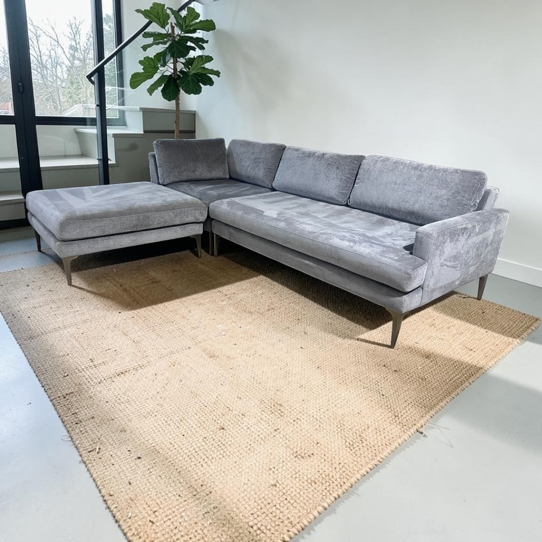 West Elm Andes  3-Piece Ottoman Sofa Chaise Sectional in Mineral Gray, Performance Distressed Velvet