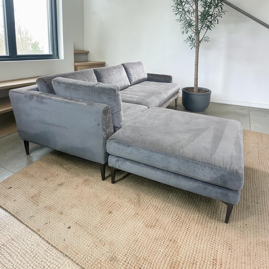 West Elm Andes  3-Piece Ottoman Sofa Chaise Sectional in Mineral Gray, Performance Distressed Velvet