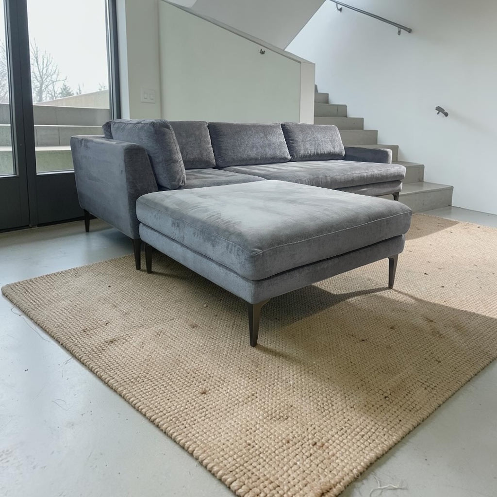 West Elm Andes  3-Piece Ottoman Sofa Chaise Sectional in Mineral Gray, Performance Distressed Velvet