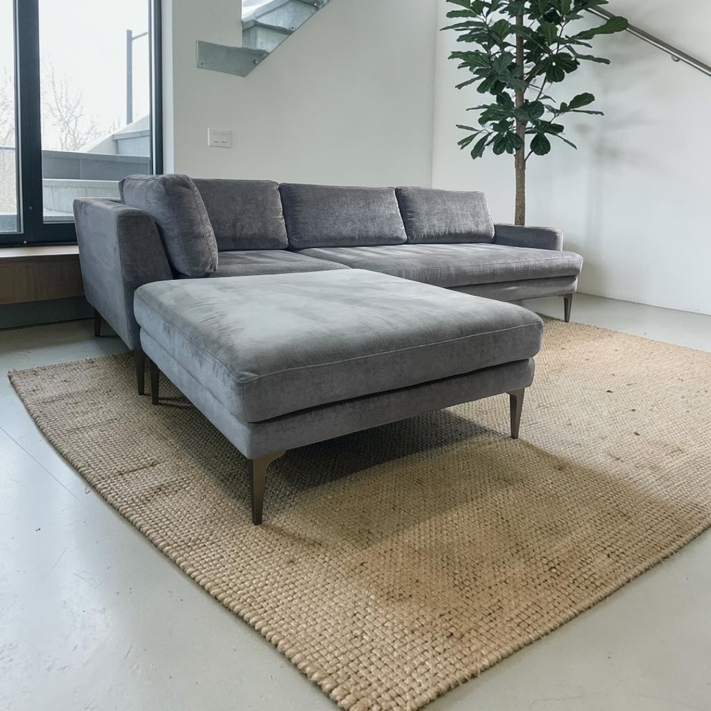 West Elm Andes  3-Piece Ottoman Sofa Chaise Sectional in Mineral Gray, Performance Distressed Velvet