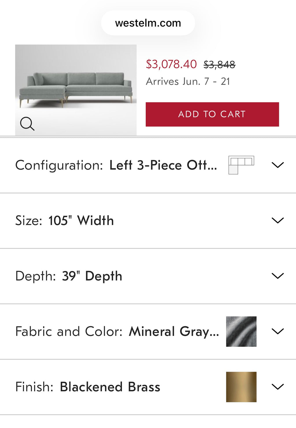 West Elm Andes  3-Piece Ottoman Sofa Chaise Sectional in Mineral Gray, Performance Distressed Velvet