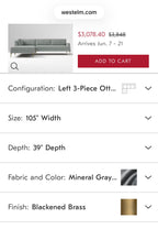 West Elm Andes  3-Piece Ottoman Sofa Chaise Sectional in Mineral Gray, Performance Distressed Velvet
