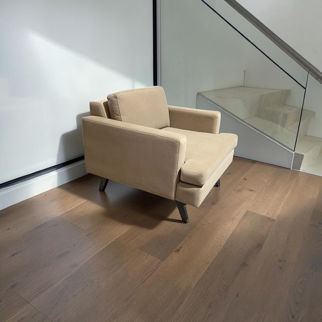 Albany Park Lido Arm Chair in Camel Tan Performance Velvet with Walnut Legs