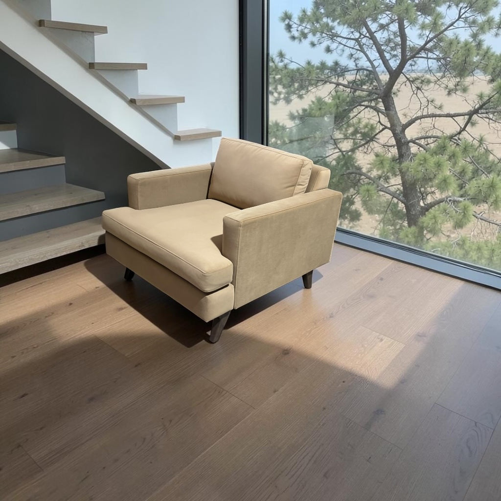 Albany Park Lido Arm Chair in Camel Tan Performance Velvet with Walnut Legs