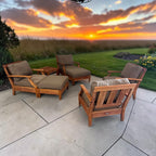 Restoration Hardware Santa Monica, Teak Outdoor Conversation Set, 4 Lounge Chairs, 2 Ottomans and a table in Natural Teak