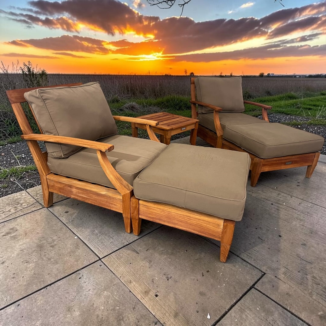 Restoration Hardware Santa Monica, Teak Outdoor Conversation Set, 4 Lounge Chairs, 2 Ottomans and a table in Natural Teak