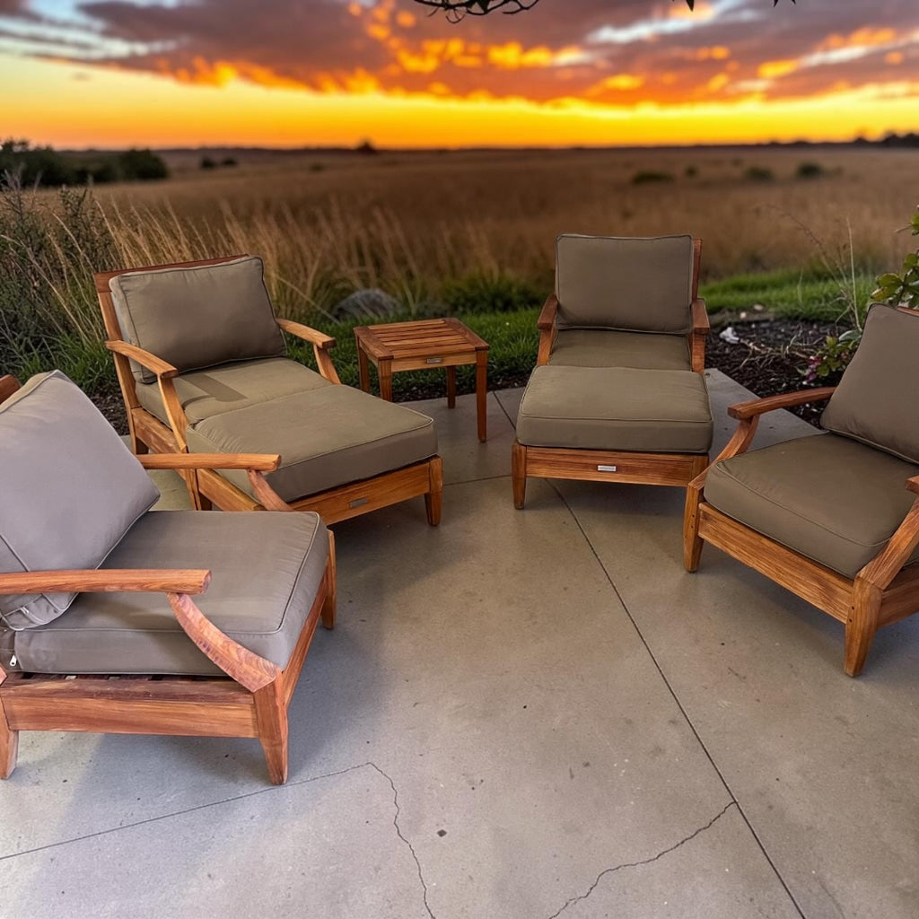 Restoration Hardware Santa Monica, Teak Outdoor Conversation Set, 4 Lounge Chairs, 2 Ottomans and a table in Natural Teak