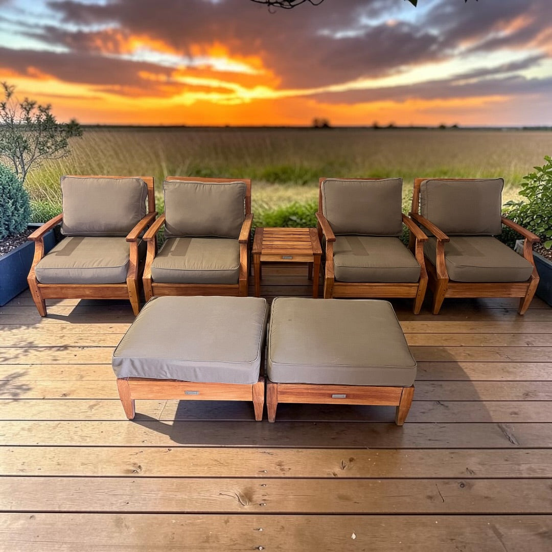 Restoration Hardware Santa Monica, Teak Outdoor Conversation Set, 4 Lounge Chairs, 2 Ottomans and a table in Natural Teak