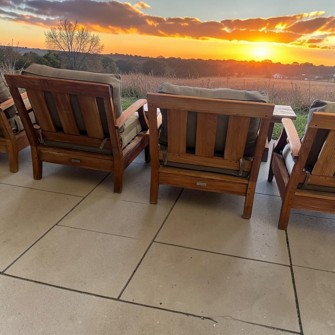 Restoration Hardware Santa Monica, Teak Outdoor Conversation Set, 4 Lounge Chairs, 2 Ottomans and a table in Natural Teak