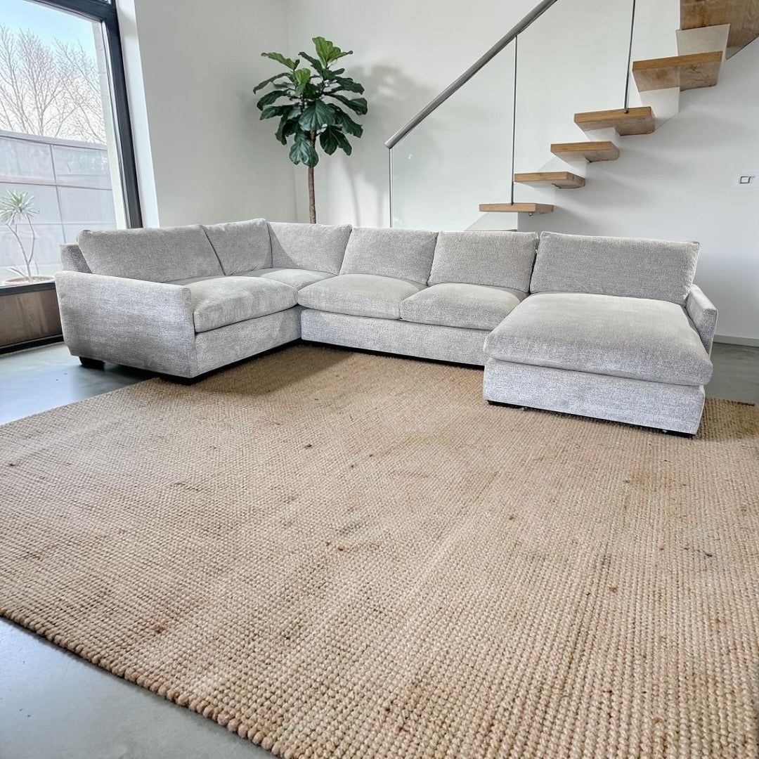 Arhaus Kipton U shape Slim Arm 3 Piece U Shape Sofa Chaise Sectional with Heavy Down Blend Cushions in Nomad Snow