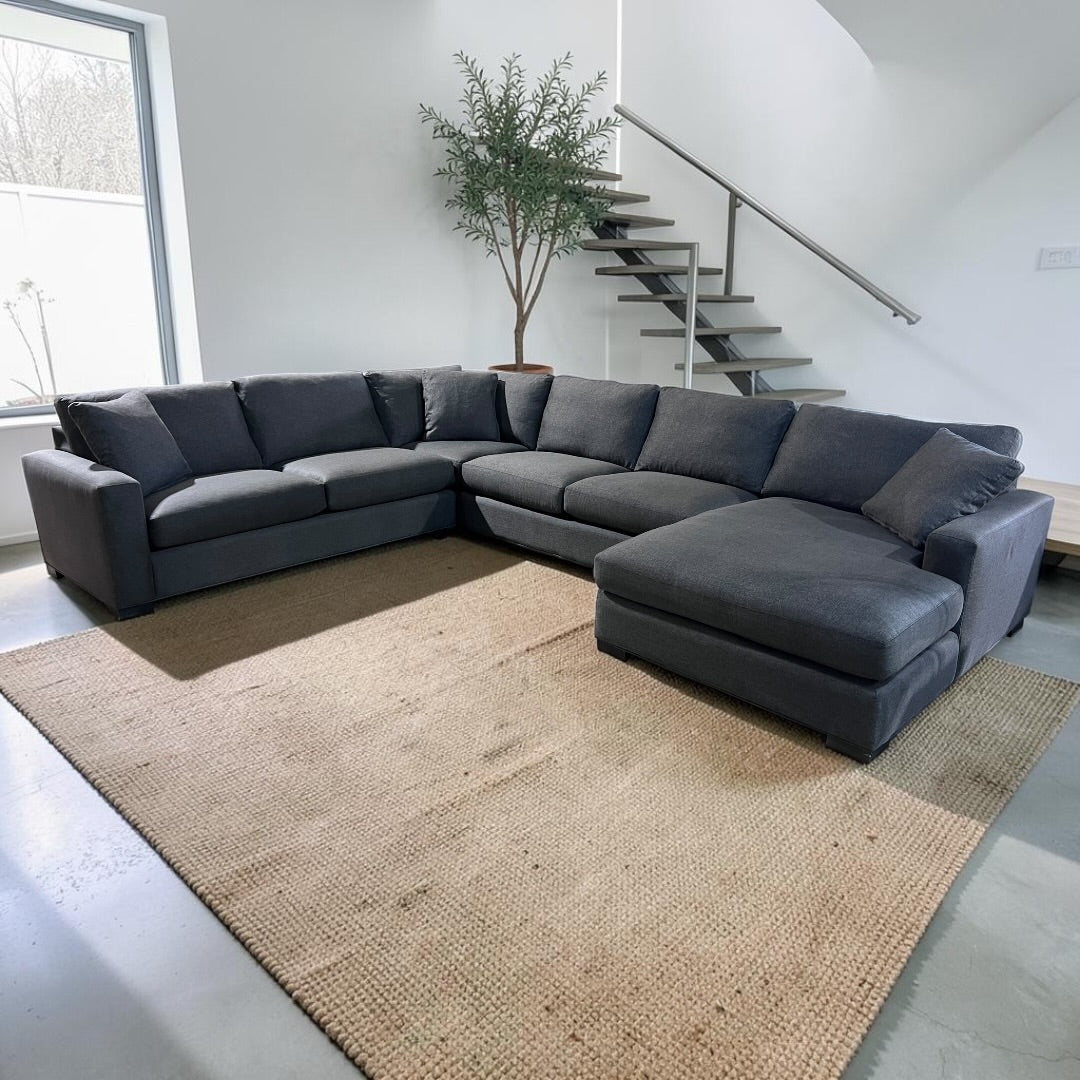 Room &amp; Board Metro 146” 4 Piece U Shape Sofa XL Chaise Sectional Down Blend in Performance Gino Charcoal