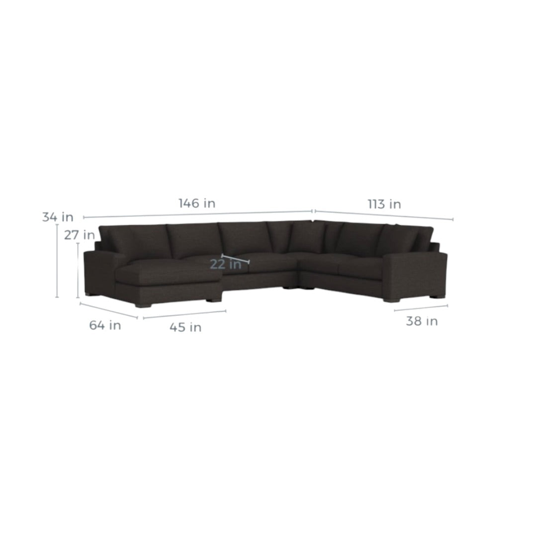 Room &amp; Board Metro 146” 4 Piece U Shape Sofa XL Chaise Sectional Down Blend in Performance Gino Charcoal