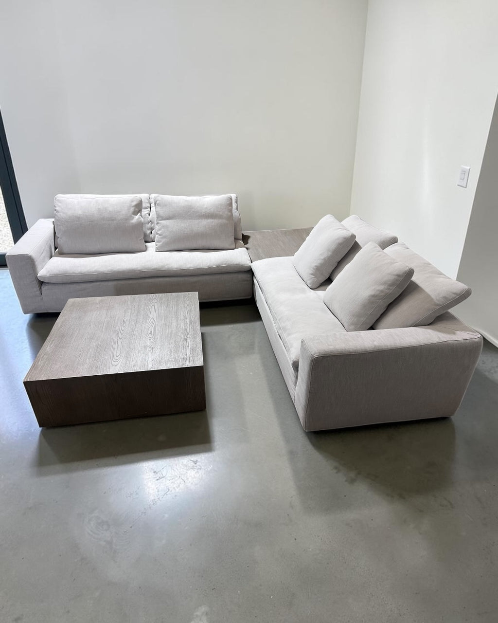 Restoration RH Cloud 2 Piece Sectional with Plinth Table pass through and Open Square Coffee Table, Down Blend Cushions in White Performance Linen Weave
