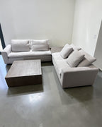 Restoration RH Cloud 2 Piece Sectional with Plinth Table pass through and Open Square Coffee Table, Down Blend Cushions in White Performance Linen Weave
