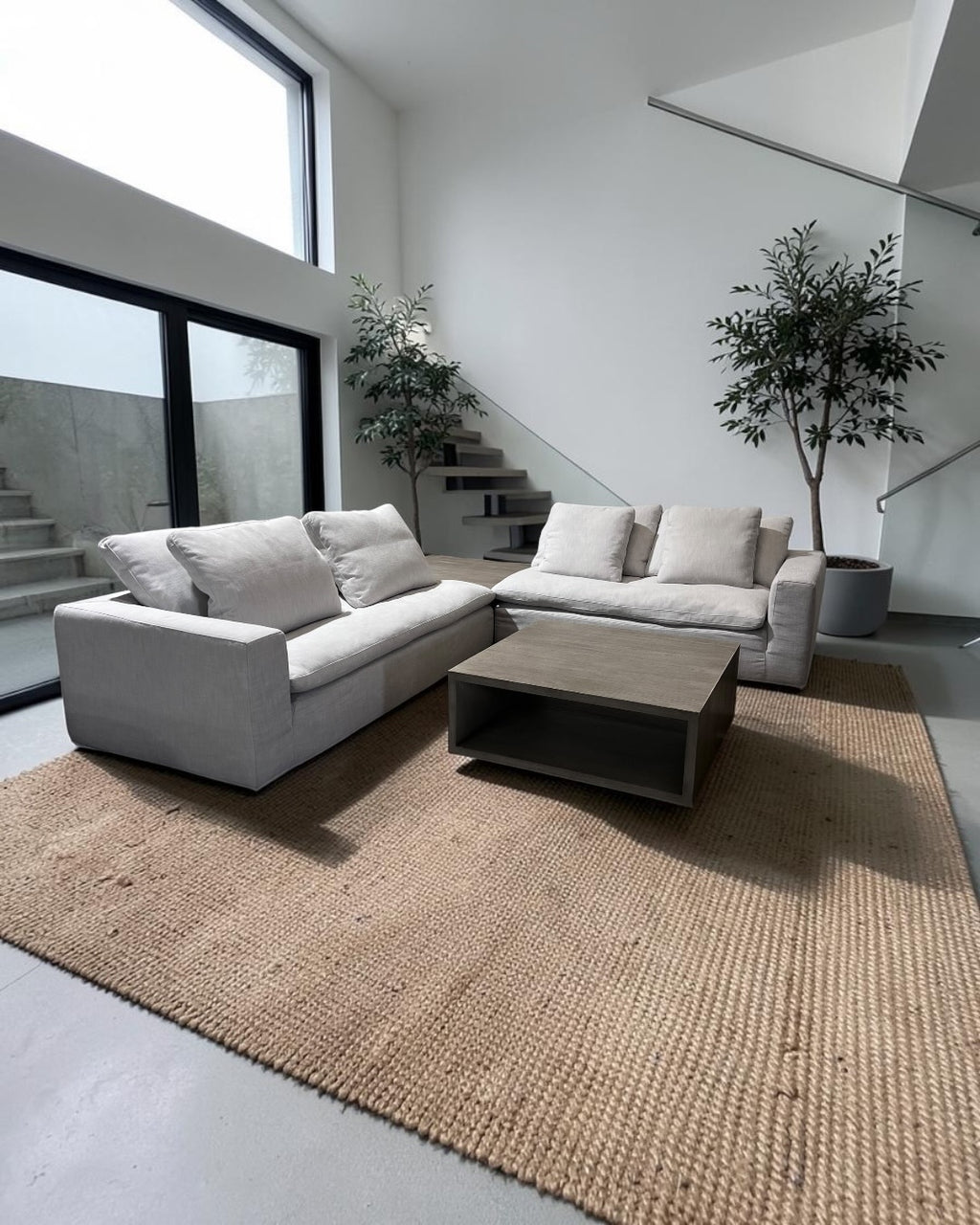 Restoration RH Cloud 2 Piece Sectional with Plinth Table pass through and Open Square Coffee Table, Down Blend Cushions in White Performance Linen Weave