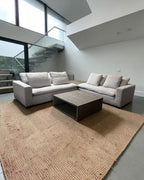 Restoration RH Cloud 2 Piece Sectional with Plinth Table pass through and Open Square Coffee Table, Down Blend Cushions in White Performance Linen Weave