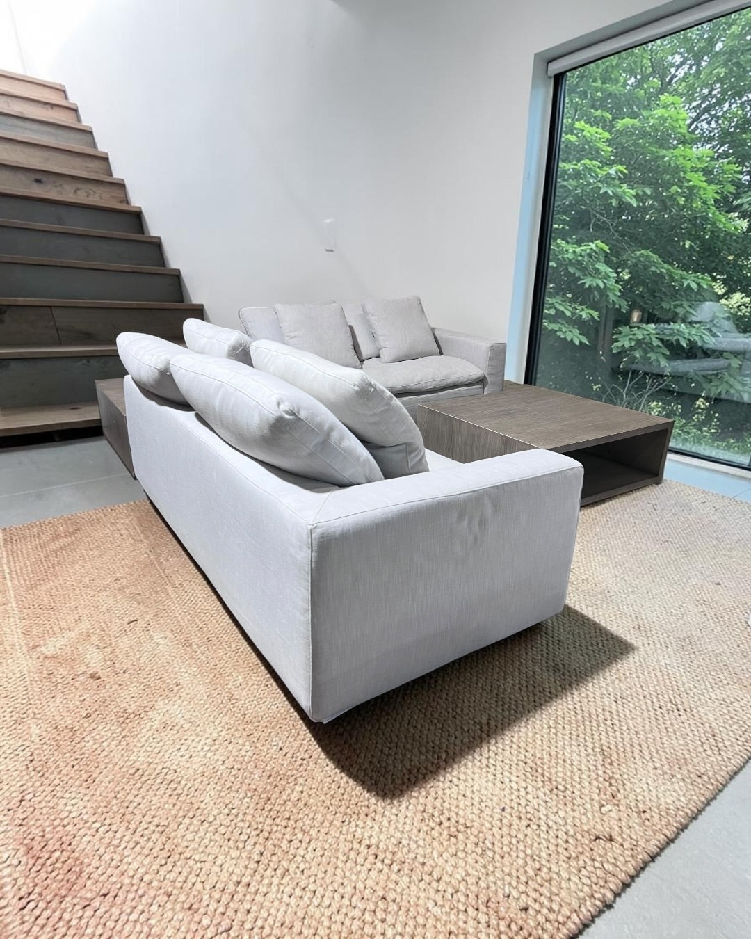 Restoration RH Cloud 2 Piece Sectional with Plinth Table pass through and Open Square Coffee Table, Down Blend Cushions in White Performance Linen Weave