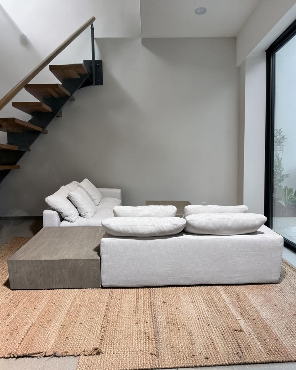 Restoration RH Cloud 2 Piece Sectional with Plinth Table pass through and Open Square Coffee Table, Down Blend Cushions in White Performance Linen Weave