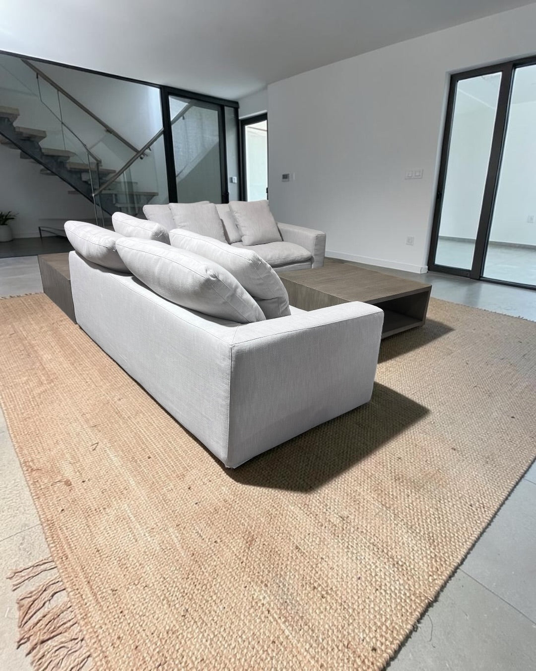 Restoration RH Cloud 2 Piece Sectional with Plinth Table pass through and Open Square Coffee Table, Down Blend Cushions in White Performance Linen Weave