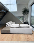 Restoration RH Cloud 2 Piece Sectional with Plinth Table pass through and Open Square Coffee Table, Down Blend Cushions in White Performance Linen Weave