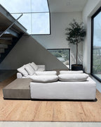 Restoration RH Cloud 2 Piece Sectional with Plinth Table pass through and Open Square Coffee Table, Down Blend Cushions in White Performance Linen Weave