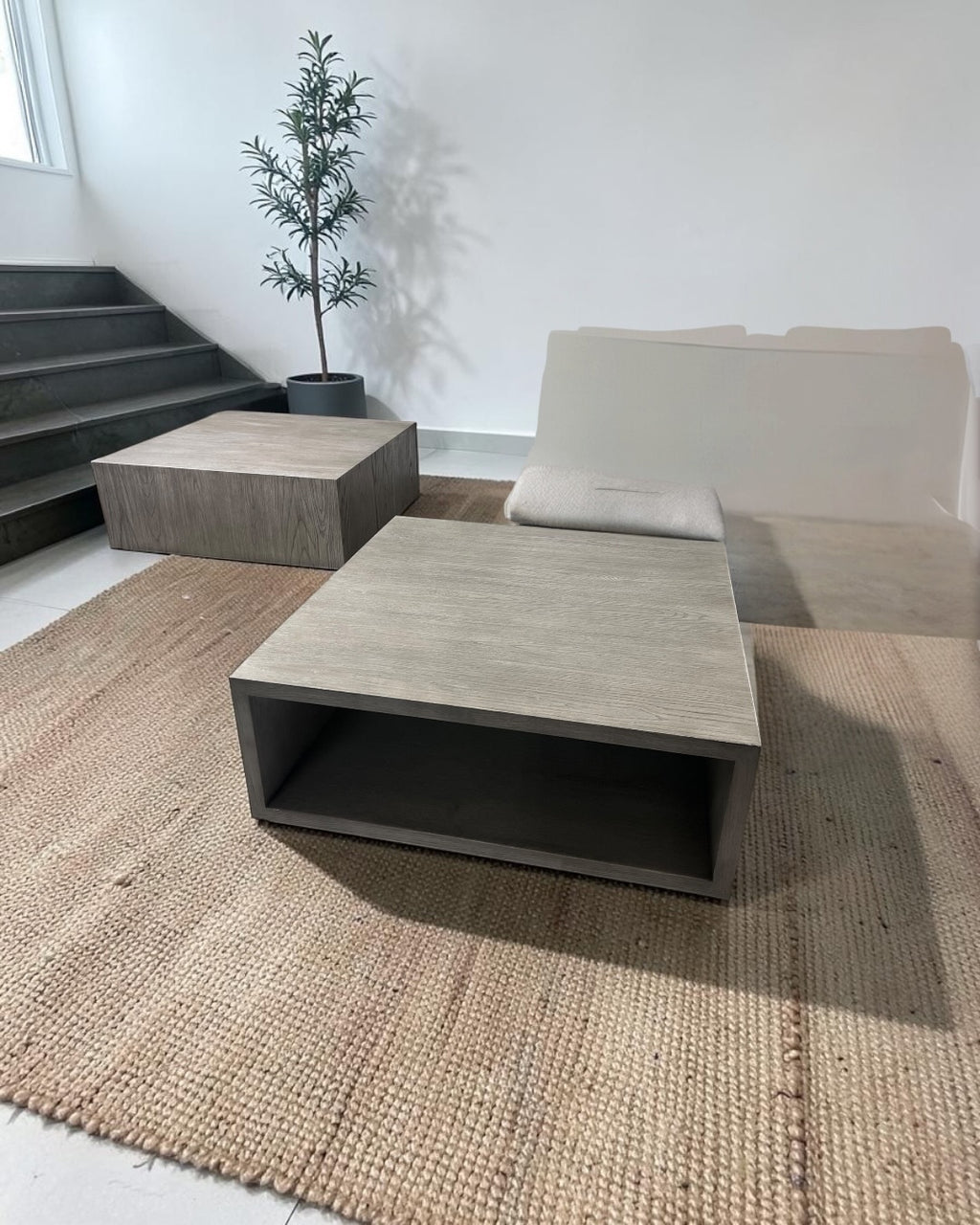 Restoration RH Cloud 2 Piece Sectional with Plinth Table pass through and Open Square Coffee Table, Down Blend Cushions in White Performance Linen Weave