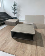 Restoration RH Cloud 2 Piece Sectional with Plinth Table pass through and Open Square Coffee Table, Down Blend Cushions in White Performance Linen Weave