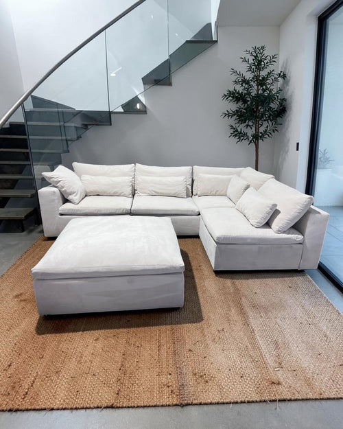 West Elm Harmony 122” Modular 4-Piece L or U Shape Sectional Sofa, Down Blend Cushions in Almond Microfiber