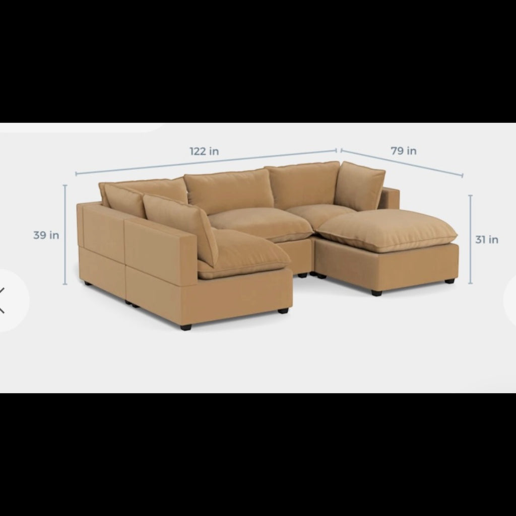Albany Park Kova 122” 5 Piece Pillow Cushion Modular 5 Piece L-Shape Sofa Chaise + Ottoman Camel Tan Performance Velvet