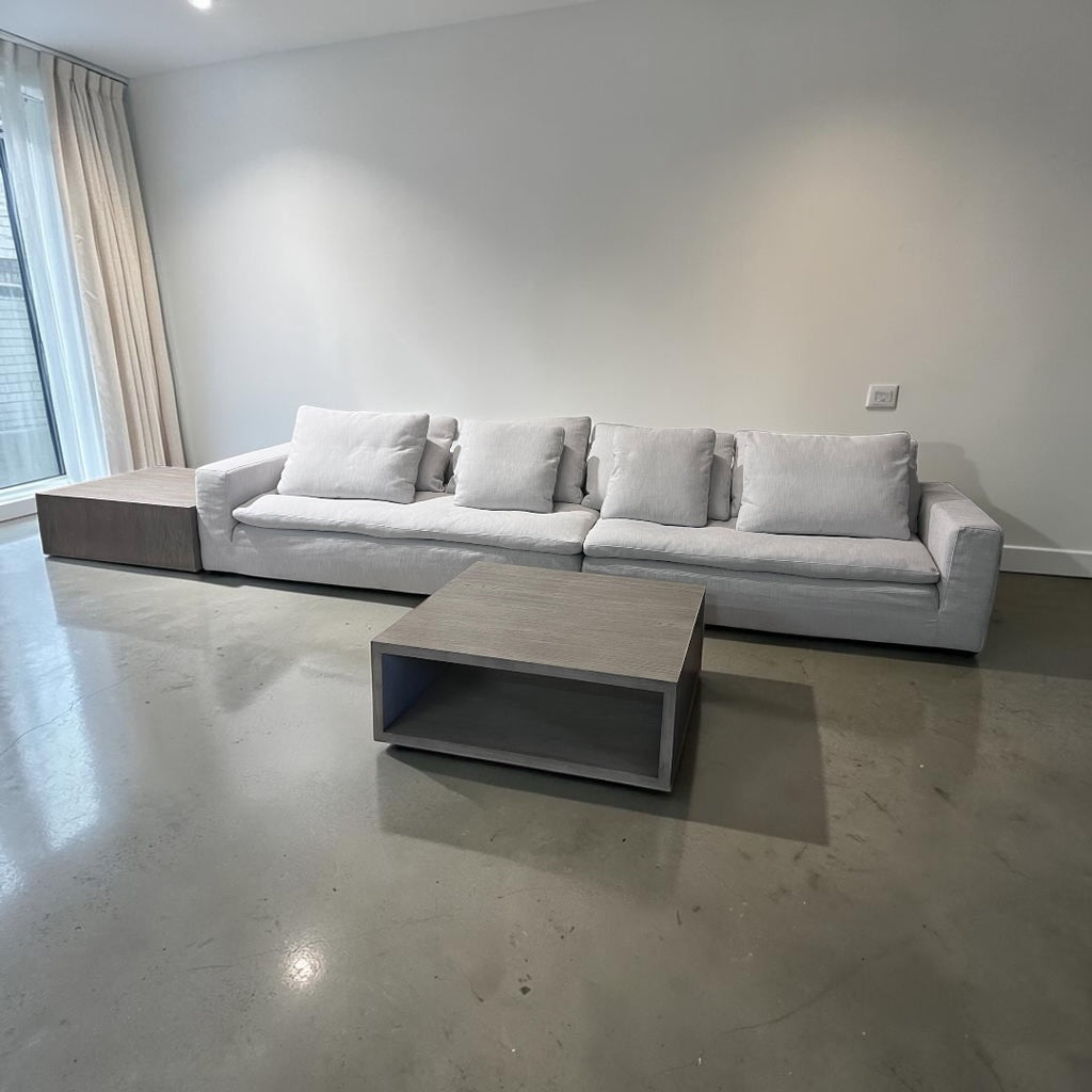 Restoration RH Cloud 2 Piece Sectional with Plinth Table pass through and Open Square Coffee Table, Down Blend Cushions in White Performance Linen Weave