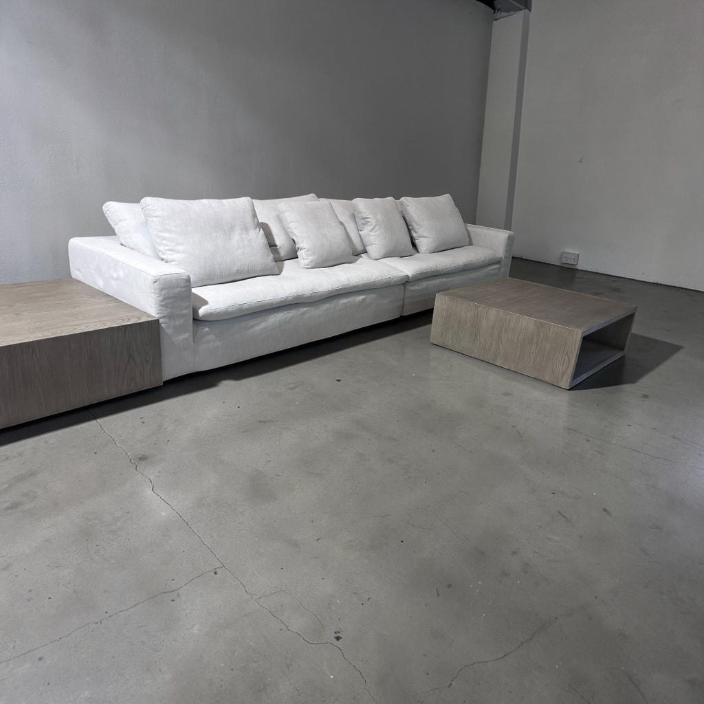 Restoration RH Cloud 2 Piece Sectional with Plinth Table pass through and Open Square Coffee Table, Down Blend Cushions in White Performance Linen Weave