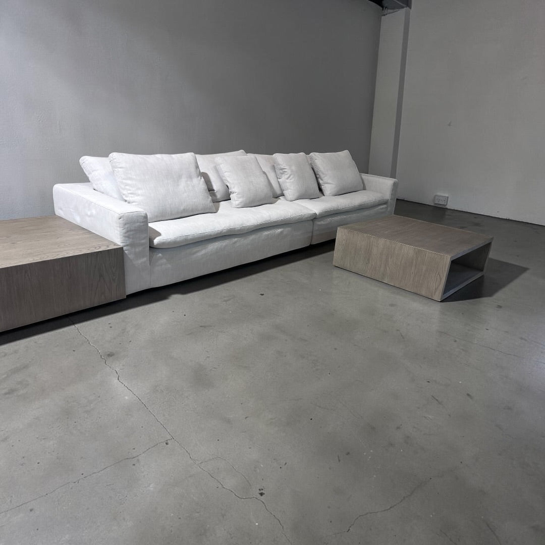Restoration RH Cloud 2 Piece Sectional with Plinth Table pass through and Open Square Coffee Table, Down Blend Cushions in White Performance Linen Weave